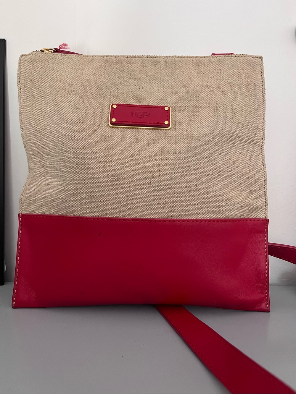 UGG Beige Canvas Red Leather Crossbody Shoulder Bag